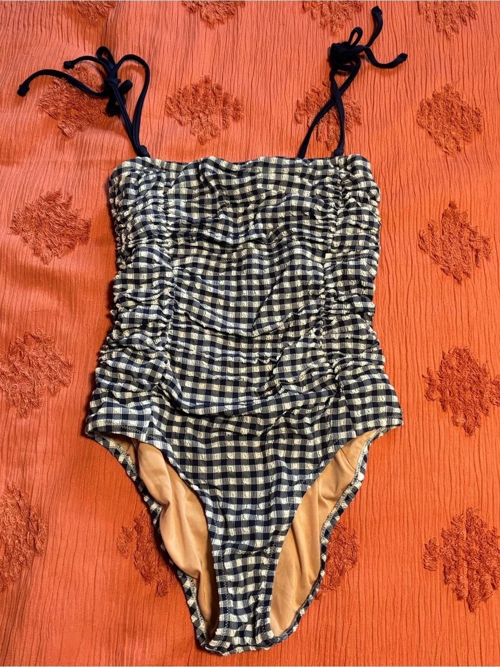 J. Crew Navy and White Gingham One-Piece Swimsuit with Tie Straps